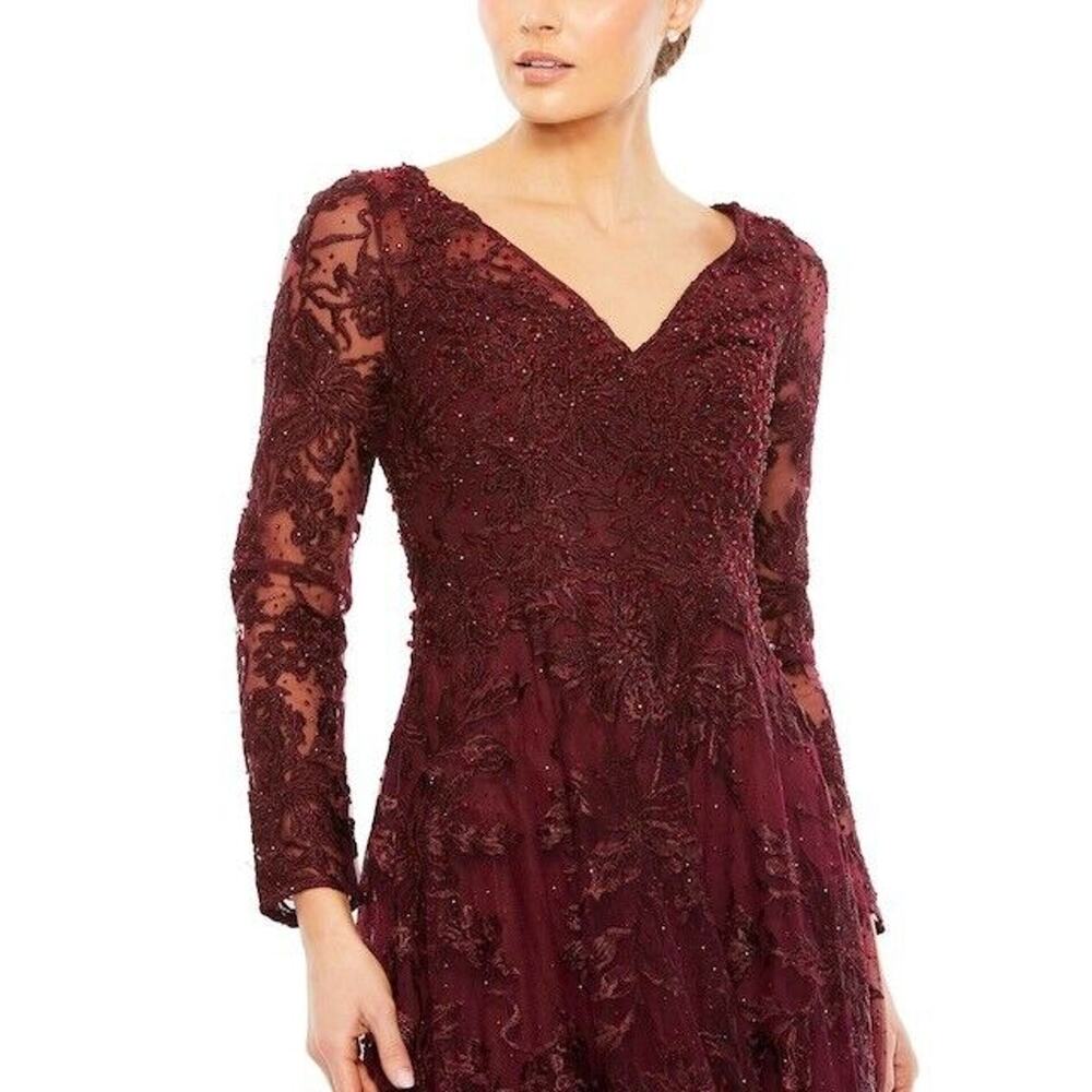 NWT Mac Duggal Embellished Illusion Gown Dress Long Sleeve Maroon Plus Size 18 - Picture 3 of 13
